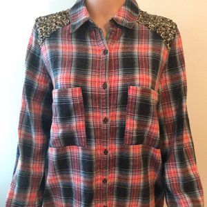Free People gold sequined red and gray flannel
